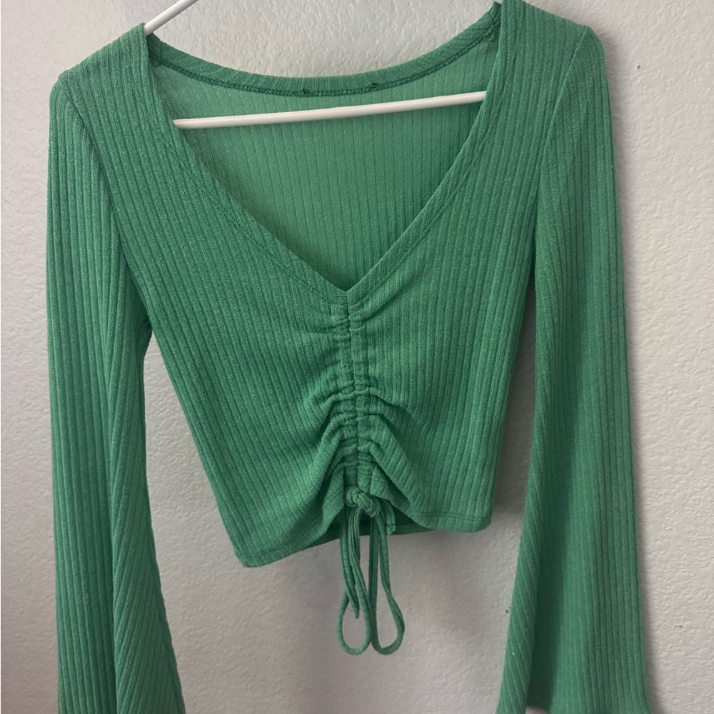 Green Ruched V-Neck Ribbed Top